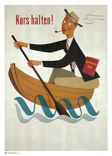 Werbeplakat von 1957: Mann sitzt in einem Ruderboot