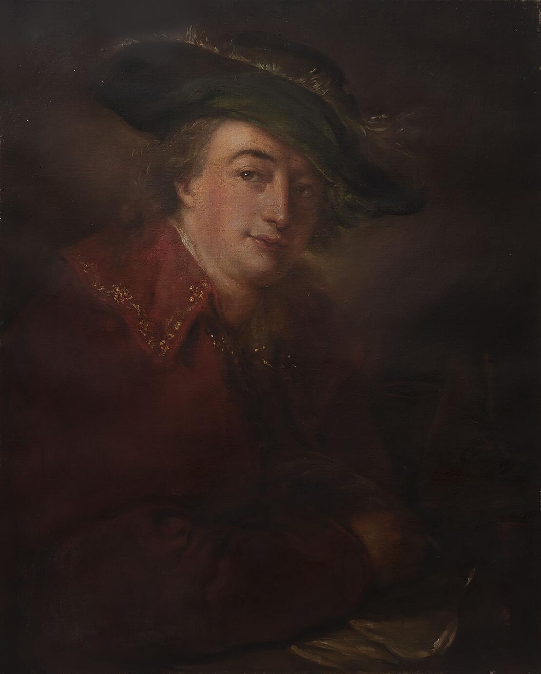 Gemälde zeigt einen Mann mit großem Hut in der Mode des 18. Jahrhunderts