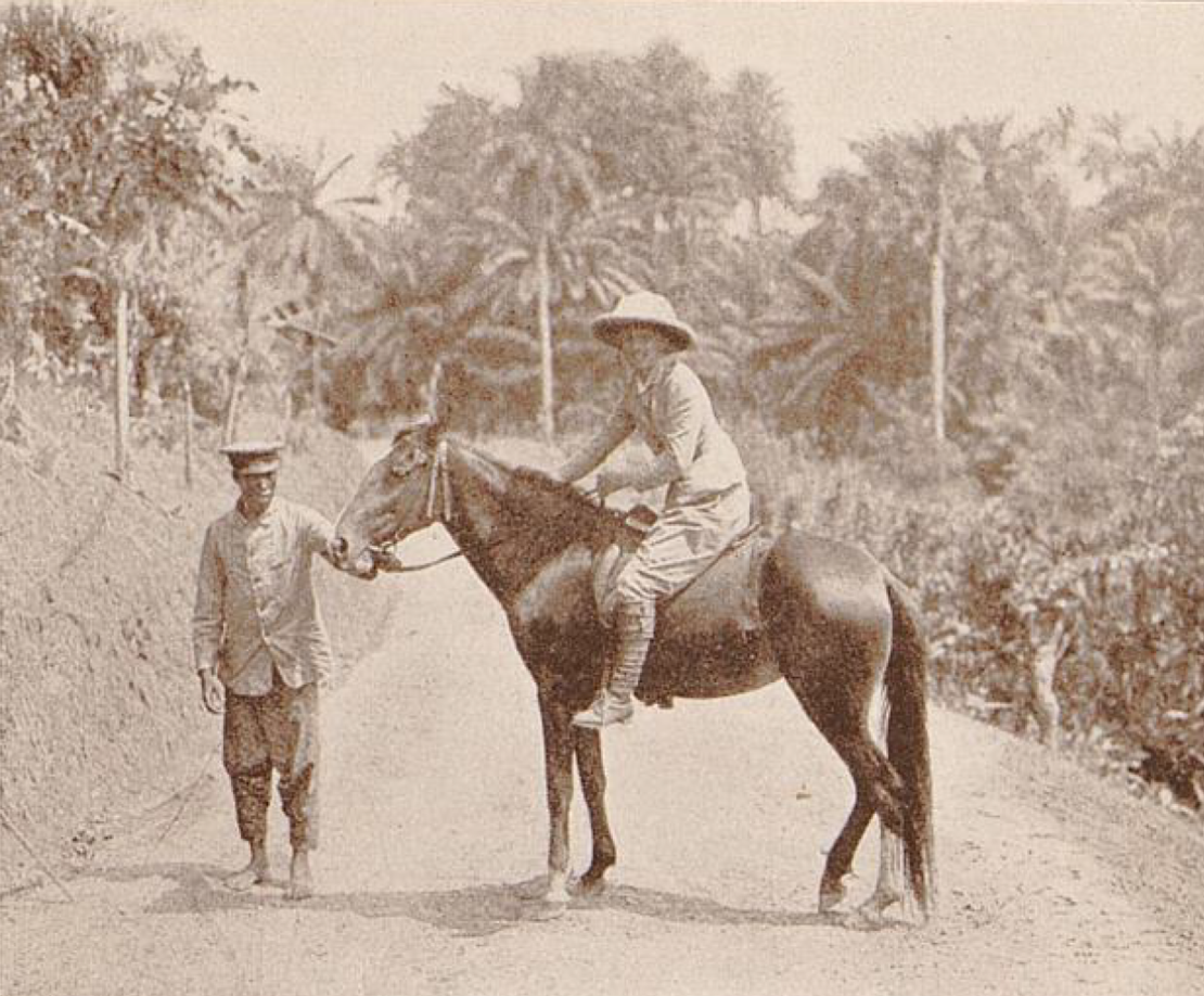 Historische Fotografie zweigt weiße Frau mit Tropenhelm auf einem dunklen Pferd. Das Pferd steht quer über einen Weg und wird von einem farbigen Mann gehalten, im Hintergrund sind Palmen.