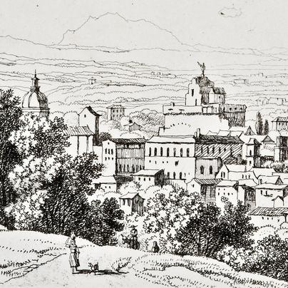 Eine Grafik zeigt eine Stadtansicht von Rom um 1818