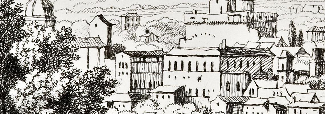Eine Grafik zeigt eine Stadtansicht von Rom um 1818