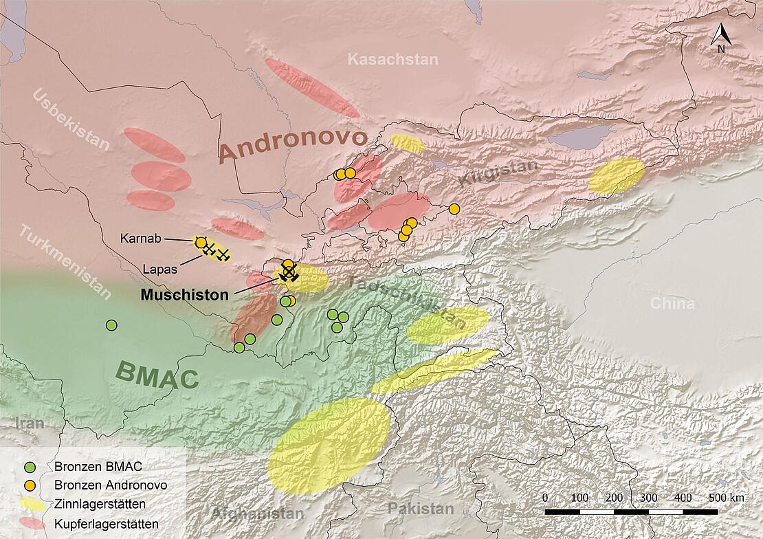 Landkarte von Zentralasien mit eingezeichneten Zinn- und Kupferlagerstätten