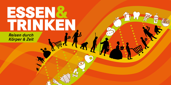 Plakatmotiv zur Ausstellung "Essen und Trinken": Orange-roter Hintergrund, oben links Schriftzug "Essen und Trinken", im Vordergrund sind verschiedene Symbole für Lebensmittel und Personen aus unterschiedlichen Zeiten aufgereiht