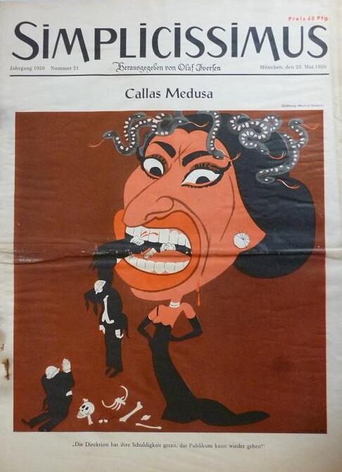 Titelseite der Zeitschrift Simplicissimus mit einer Karikaturm die die Sängerin Maria Callas als Männer mordende Medusa mit Schlangenhaar zeigt.