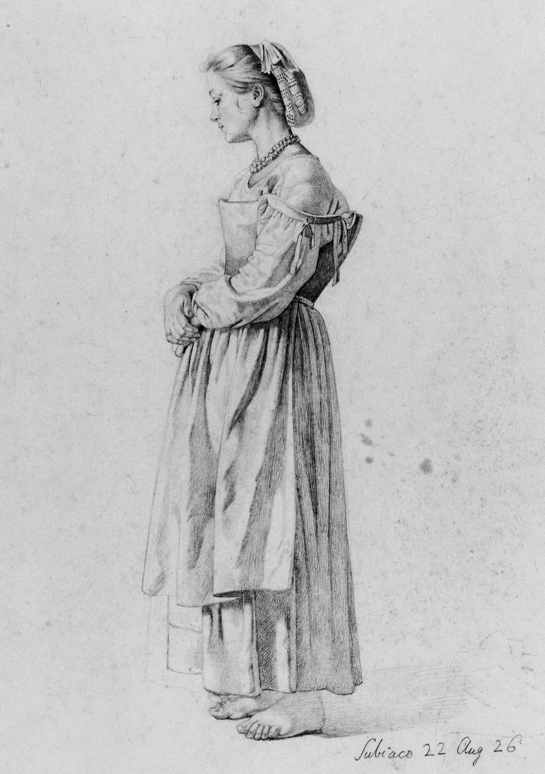 Theodor Leopold Weller: Stehende junge Frau Eine Zeichnung zeigt eine junge Frau mit Tracht aus Italien um 1826.