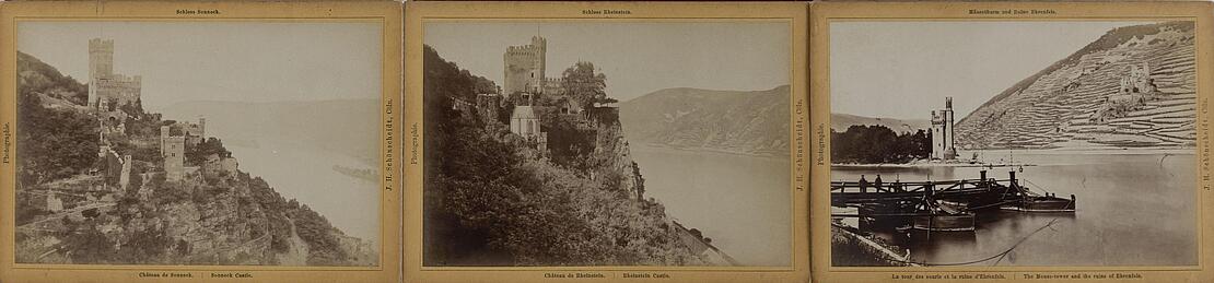 Drei historische Fotografien nebeneinander. Sie zeigen den Fluss Rhein sowie am Ufer Burgen und Türme.
