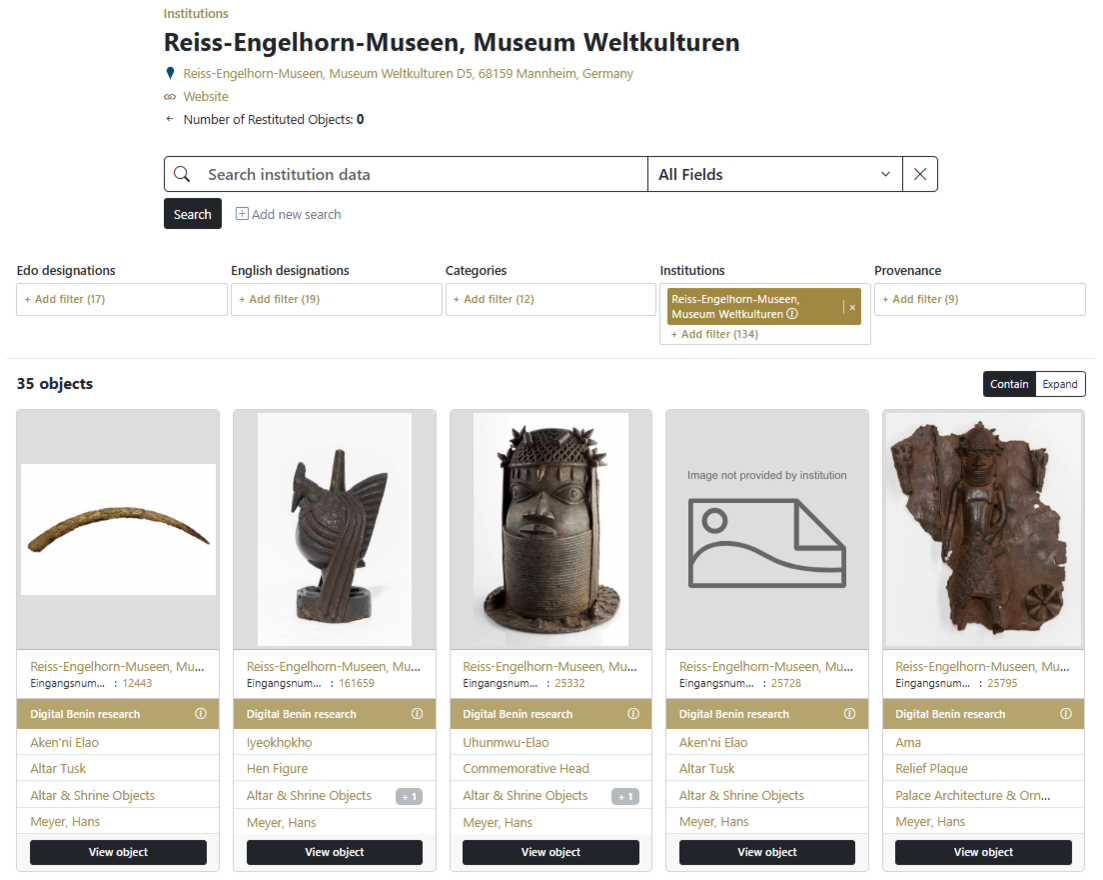 Bestände der Reiss-Engelhorn-Museen auf der Plattform Digital Benin Screemshot, der mehrer Bilder und Datensätze von Benin-Objekten zeigt