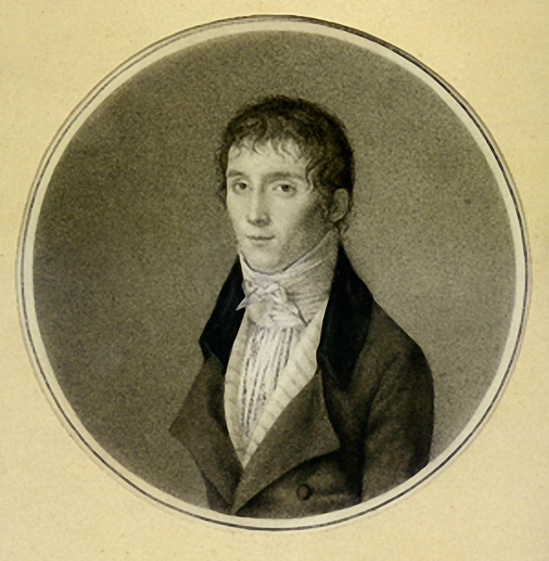 Porträt von Joseph Nicéphore Niépce, um 1795 Schwarz-weiß-Porträt eines jungen Mannes aus dem Jahr 1795. Er hat dunkle Haare, trägt eine schwarze Jacke und hat ein weißes Tuch um den Hals gewickelt.