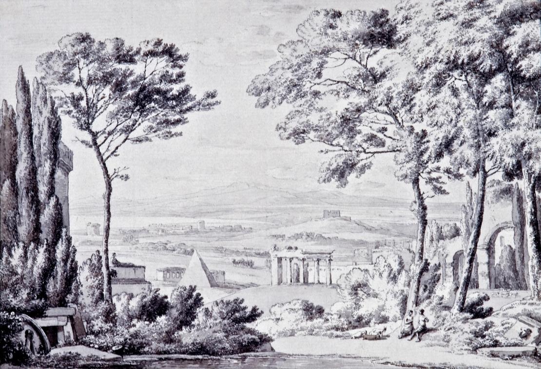 Franz Kobell: Römische Phantasie-Landschaft Eine Federzeichnung zeigt eine Landschaft. Im Vordergrund befinden sich links und rechts Bilder, weiter hinten im Zentrum ein antiker Tempel und eine Pyramide.