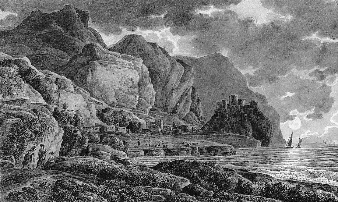 Franz Kobell: Meeresbucht an einer Steilküste im Abendlicht Grafik in Sepiatönen zeigt eine Meeresbucht. Im Vordergrund links befinden sich drei Personen, dahinter erhebt sich eine Steilküste. Zu deren Füssen ist eine Siedlung, eine Festung sowie ein Hirte mit Herde zu sehen. Am rechten Bildrand sind die Abendsonne über dem Meer, sowie Segelschiffe zu sehen.