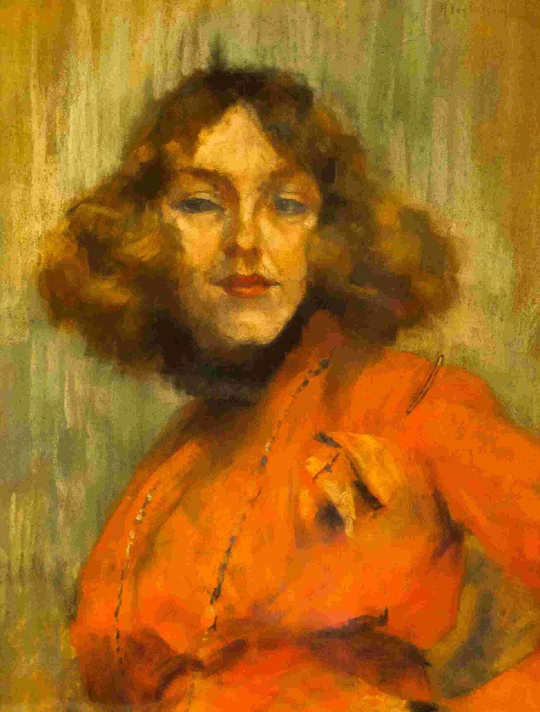 Pastellbild einer Frau. Sie ist bis zur Taille zu sehen, rote Haare und rotgeschmunkte Lippen, rotes Oberteil, gelblicher Hintergrund