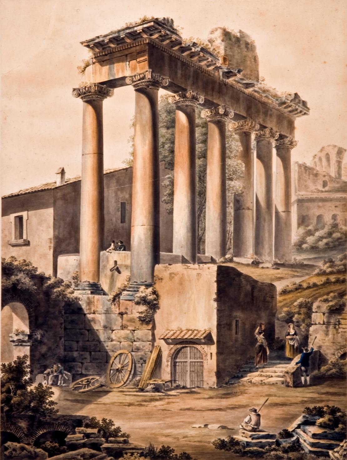 Maximilian von Verschaffelt: Ruinen des Saturn-Tempels Farbige Zeichnung zeigt die Ruine eine antiken Tempels.