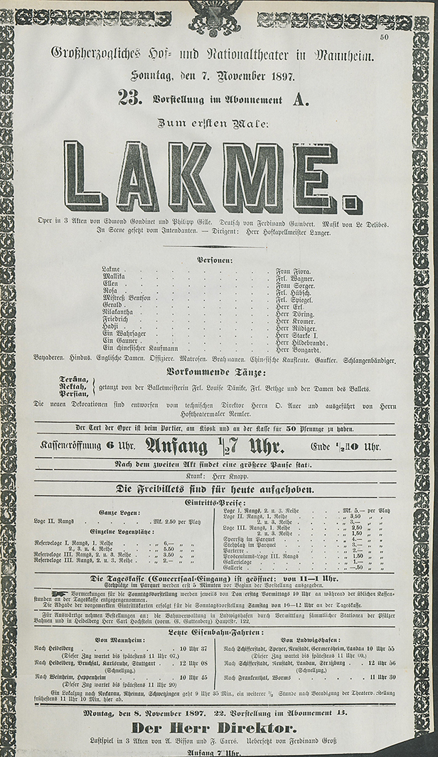 Theaterzettel zur Mannheimer Erstaufführung der Oper „Lakmé“ von Léo Delibes 