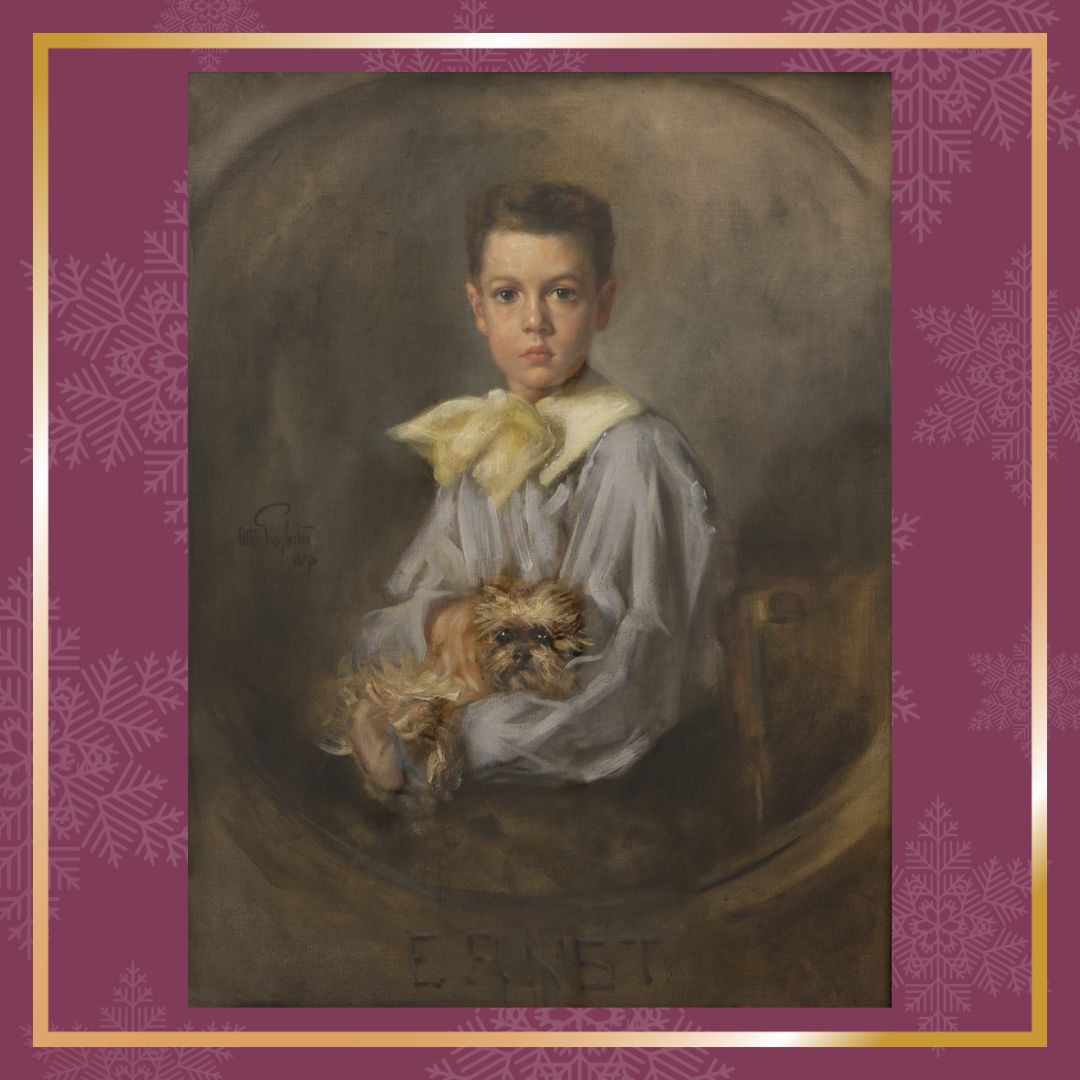 Portrait eines Jungen aus dem 19. Jh. mit Hund auf dem Arm