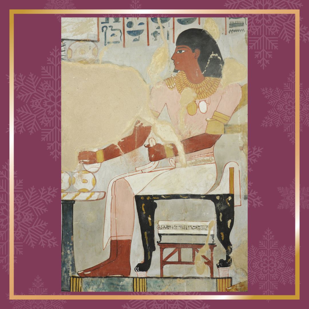 Eine altägyptische Wandmalerei, bei der ein Mann auf einem Stuhl sitzt, darunter liegt ein Spiel.