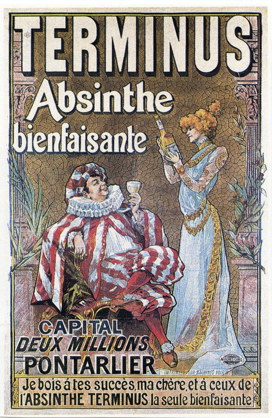 Historisches Werbeplakat mit Aufschrift "Terminus Absinth bienfaisante". Links sitzt ein Mann mit ausladendem rot-weiß-gestreiftem Gewand und Mütze und weißer Halskrause, der ein gefülltes Glas in der Hand hält. Rechts steht eine rothaarige Frau in einem hellblauen Kleid, die eine Flasche in der Hand hält und sie betrachtet. 